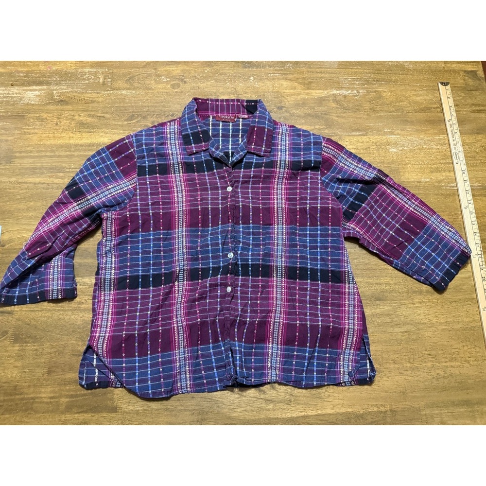 Company One Shirt, Womens Plus 1X Purple Blue White Gold Long Sleeve Button Up